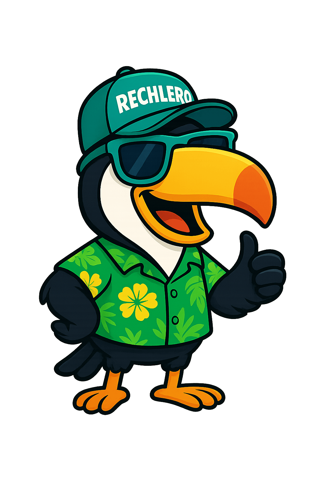 Tucán mascota de Rechilero con gorra y lentes, levantando el pulgar